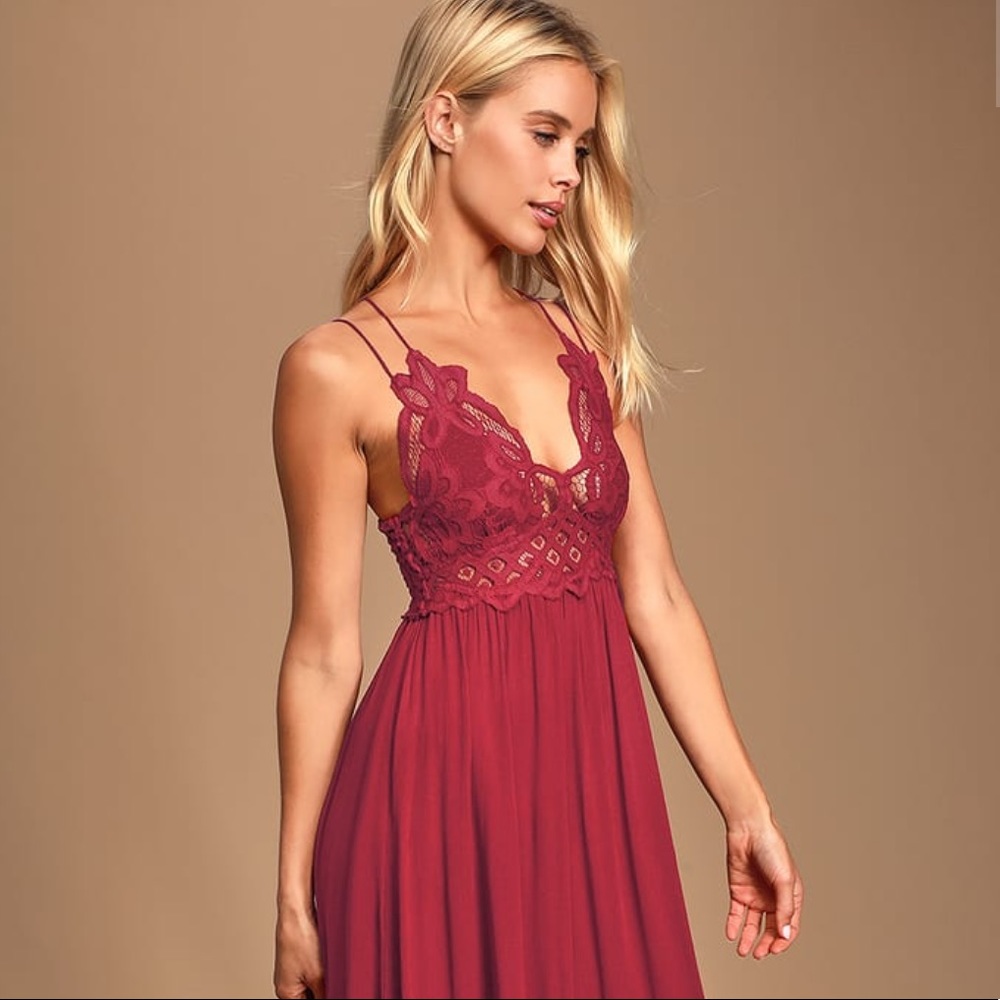 Free People Adella Wine Red Lace-Trim Maxi Dress